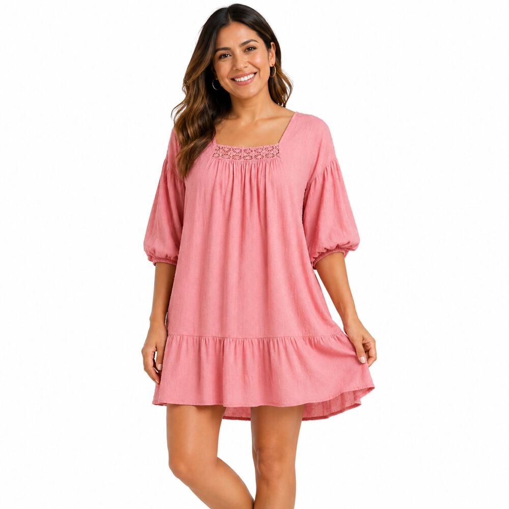 New UMGEE S 4 6 8 Pink Swiss Dot Lace Balloon Sleeve String Tie Dress Ruffle Hem